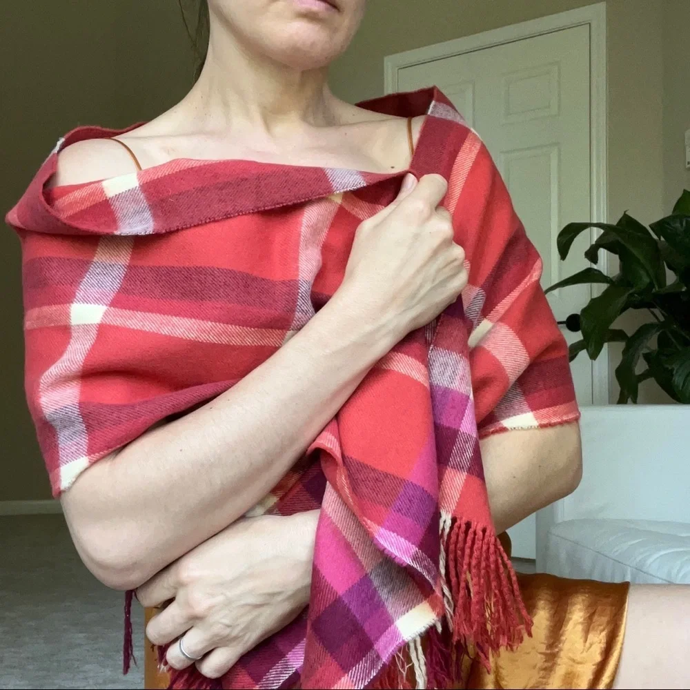 Red Pink White Large Soft Plaid Scarf with Tassels